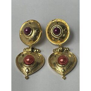 Vintage Hinged Stud Earrings Stunning Ornate Gold Tone Heart Dangle Statement